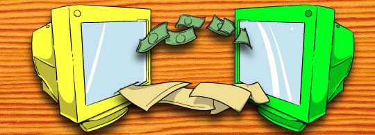 Illustration of two computer monitors facing each other with money and documents flying between them, symbolizing online monetary transactions. The left monitor is yellow, and the right monitor is green. The background is a wooden surface.