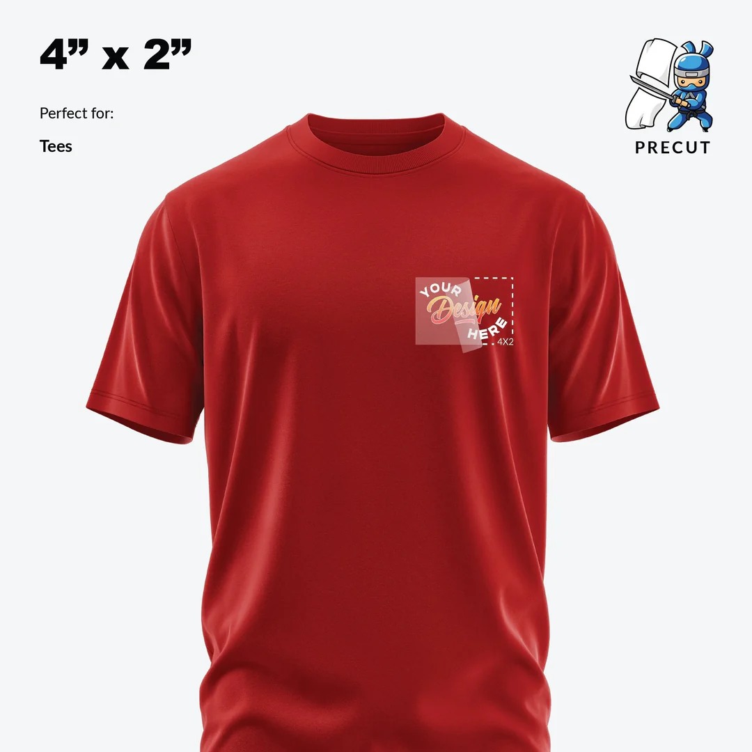 Ninja Transfers precut 4x2 inch DTF transfer placement example on a red t-shirt